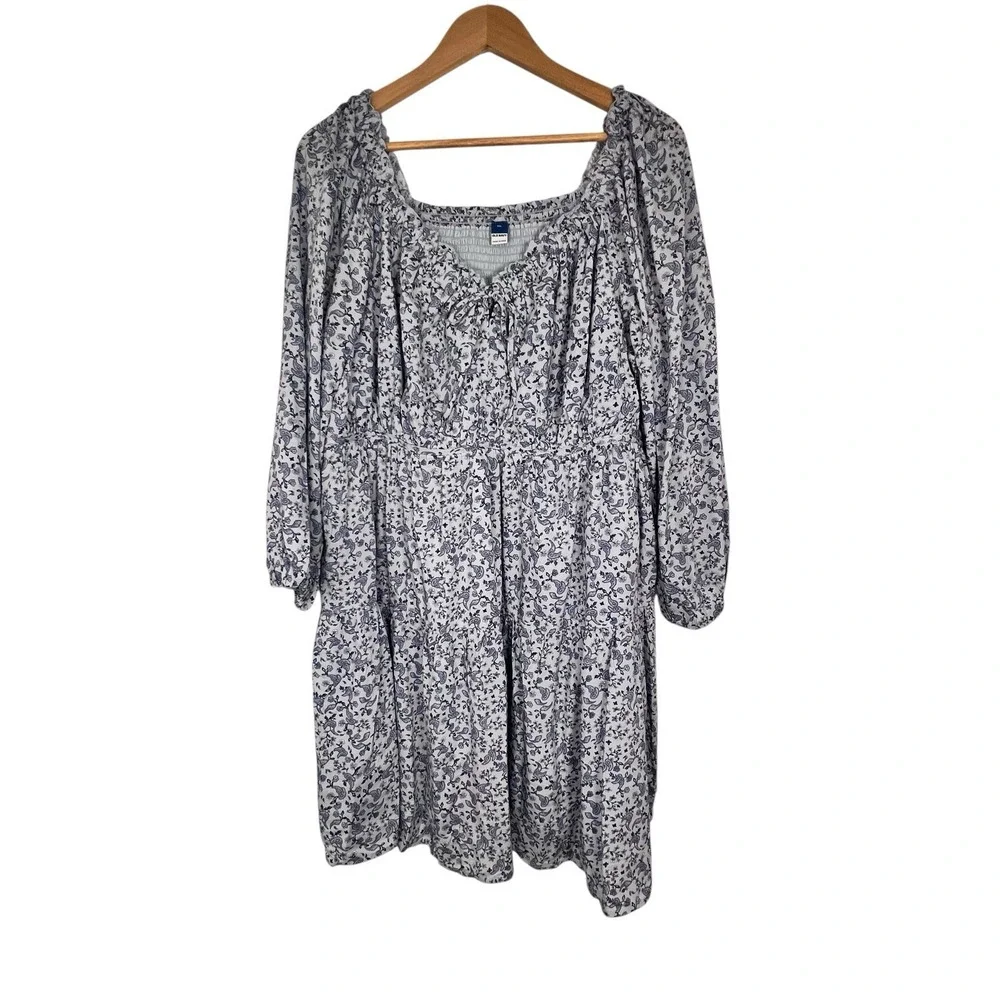 Boho Cottagecore‎ Floral Peasant Dress XXL Smocked Babydoll Blue White